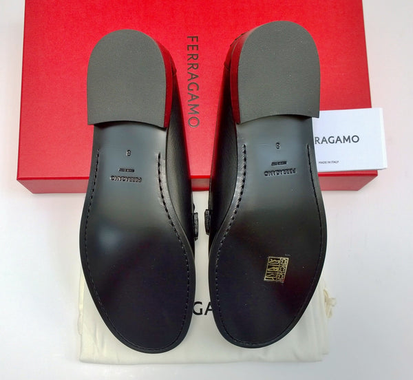 Ferragamo Gancini Black Leather Loafers with Gold Tone Buckle Flats Shoes