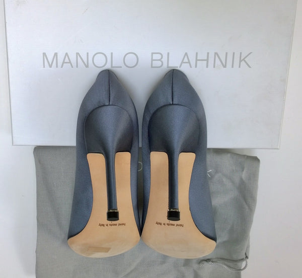 Manolo Blahnik Hangisi 105 Grey Satin Rhinestone Buckle Heels