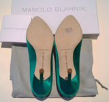 Manolo Blahnik Hangisi 90 Rhinestone Buckle Heels in Bright Green Satin Strass Shoes