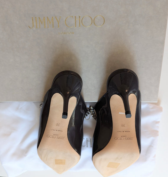 Jimmy Choo Bing 65 Heels in Grey Patent with Pearl and Rhinestone Band