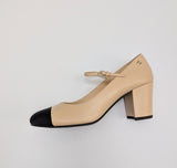 Chanel Mary Jane Heels Beige and Black Grosgrain Cap Toe New in Box