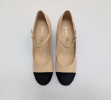 Chanel Mary Jane Heels Beige and Black Grosgrain Cap Toe New in Box