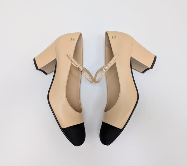 Chanel Mary Jane Heels Beige and Black Grosgrain Cap Toe New in Box