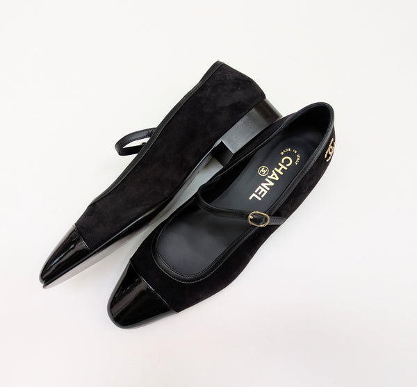 Chanel Mary Janes Black Suede and Patent Leather New in Box Ankle Strap Shoes Flats