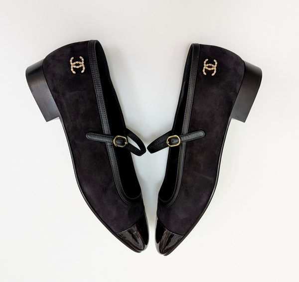 Chanel Mary Janes Black Suede and Patent Leather New in Box Ankle Strap Shoes Flats