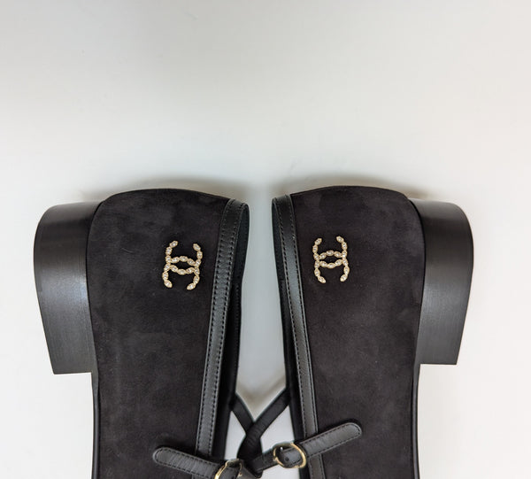 Chanel Mary Janes Black Suede and Patent Leather New in Box Ankle Strap Shoes Flats