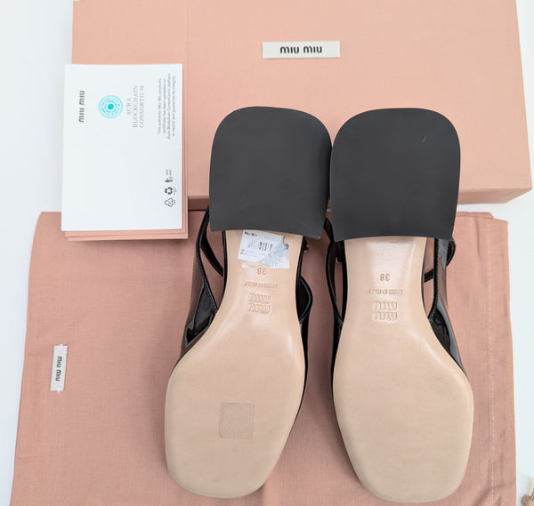 Miu Miu Black Patent Logo T-Strap Block Heels Slingback New in Box