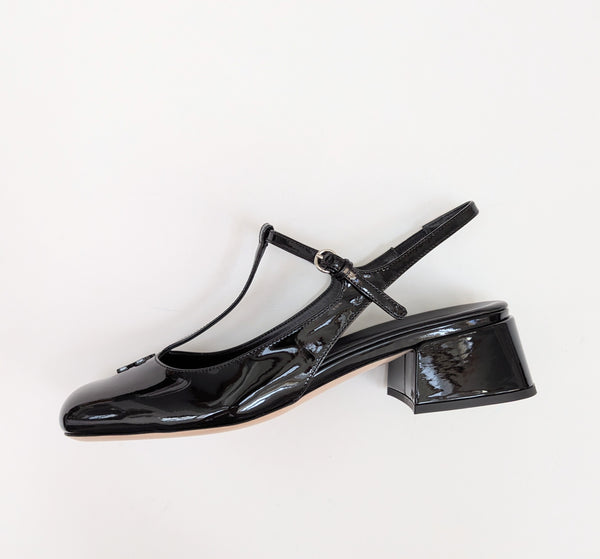 Miu Miu Black Patent Logo T-Strap Block Heels Slingback New in Box