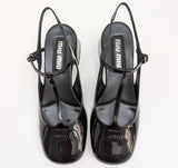 Miu Miu Black Patent Logo T-Strap Block Heels Slingback New in Box