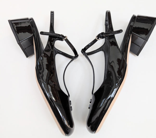 Miu Miu Black Patent Logo T-Strap Block Heels Slingback New in Box
