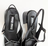 Miu Miu Black Patent Logo T-Strap Block Heels Slingback New in Box