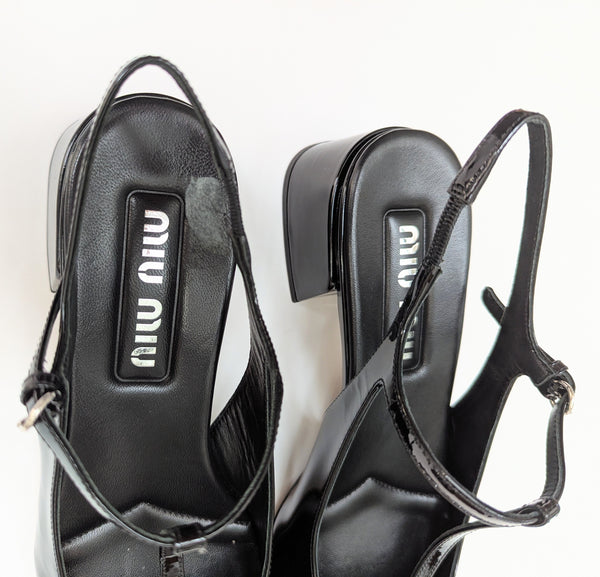 Miu Miu Black Patent Logo T-Strap Block Heels Slingback New in Box