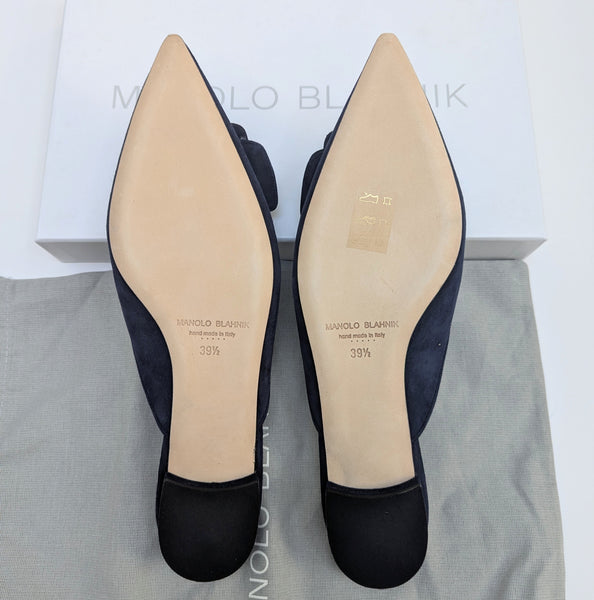Manolo Blahnik Navy Blue Maysale Flats Buckle Ballerina Mules New in Box Shoes