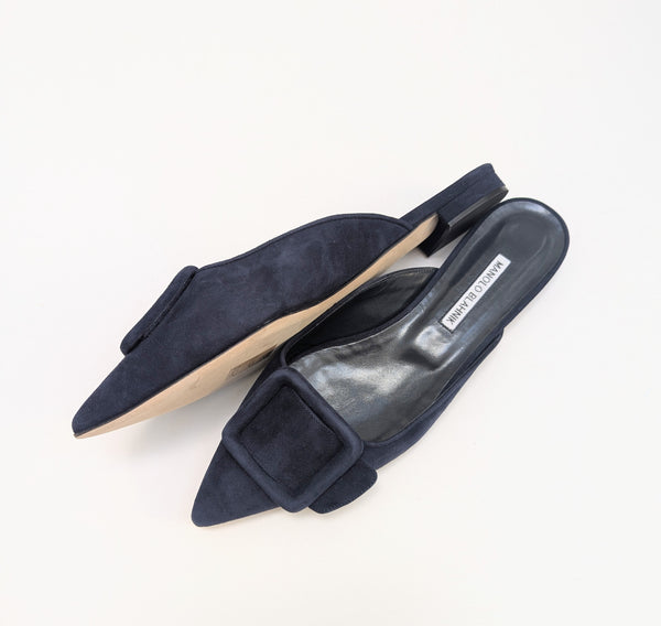 Manolo Blahnik Navy Blue Maysale Flats Buckle Ballerina Mules New in Box Shoes