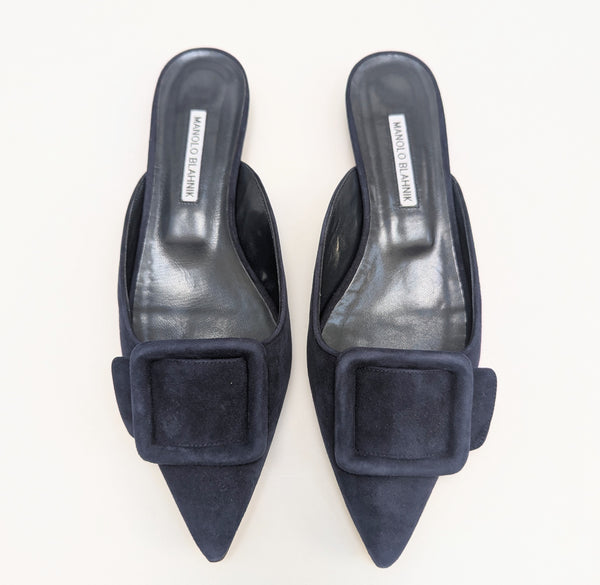 Manolo Blahnik Navy Blue Maysale Flats Buckle Ballerina Mules New in Box Shoes