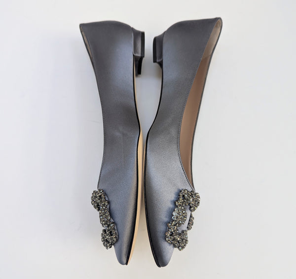 Manolo Blahnik Hangisi Rhinestone Buckle Flats in Slate Blue Satin Strass Shoes New in Box