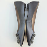Manolo Blahnik Hangisi Rhinestone Buckle Flats in Slate Blue Satin Strass Shoes New in Box