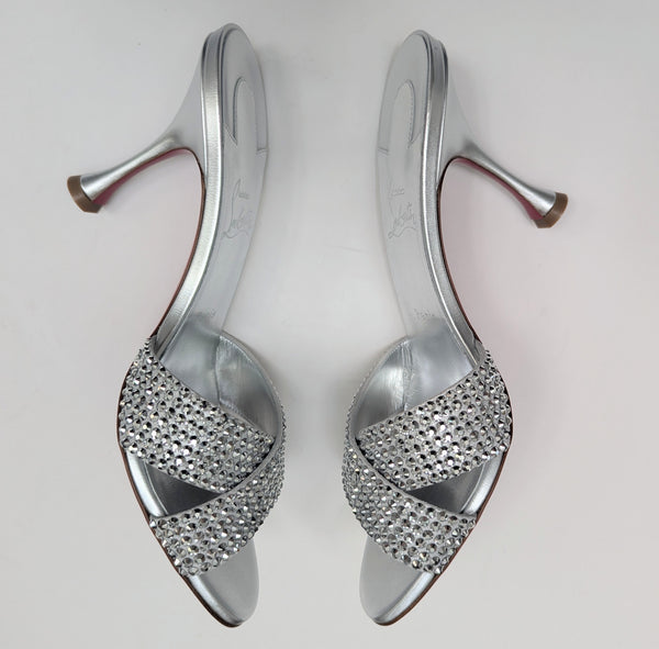 Christian Louboutin Mariza Is Back 85 Silver Strass Slides New in Box Sandals