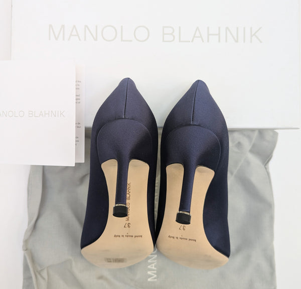 Manolo Blahnik Hangisi 70 Heels in Navy Satin with Dark Crystal Buckle New in Box Strass Shoes