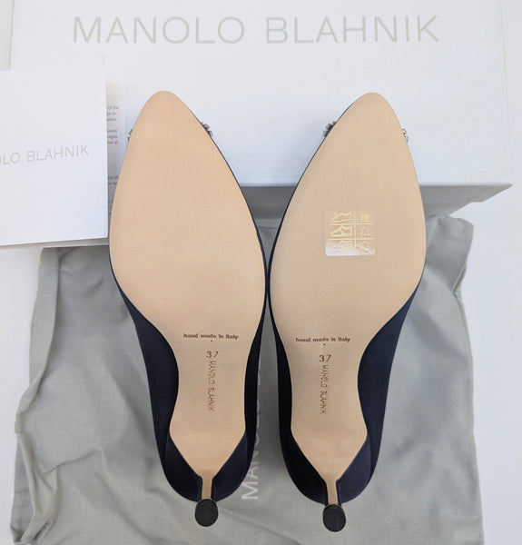 Manolo Blahnik Hangisi 70 Heels in Navy Satin with Dark Crystal Buckle New in Box Strass Shoes