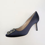 Manolo Blahnik Hangisi 70 Heels in Navy Satin with Dark Crystal Buckle New in Box Strass Shoes