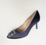 Manolo Blahnik Hangisi 70 Heels in Navy Satin with Dark Crystal Buckle New in Box Strass Shoes