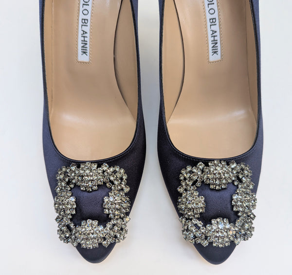Manolo Blahnik Hangisi 70 Heels in Navy Satin with Dark Crystal Buckle New in Box Strass Shoes