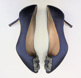 Manolo Blahnik Hangisi 70 Heels in Navy Satin with Dark Crystal Buckle New in Box Strass Shoes