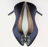 Manolo Blahnik Hangisi 70 Heels in Navy Satin with Dark Crystal Buckle New in Box Strass Shoes