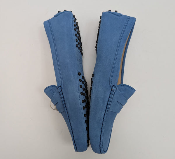 Tod's Soft Blue Suede Gommino Driving Shoes Slip on Loafers New in Box