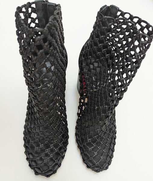 Christian Louboutin Porlibooty 85 Woven Black Leather Block Heels Boots