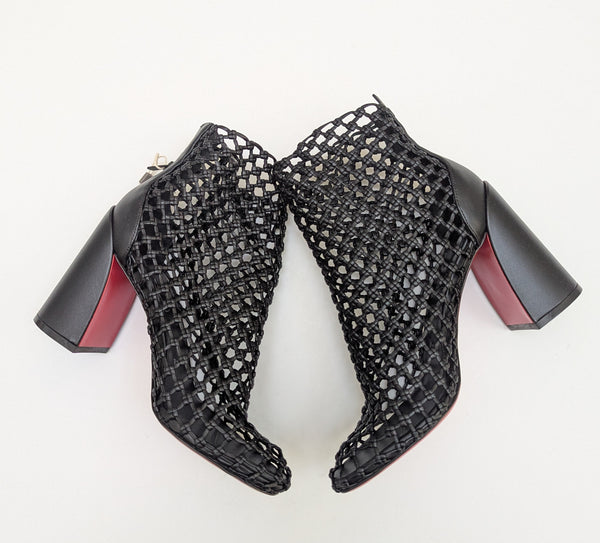 Christian Louboutin Porlibooty 85 Woven Black Leather Block Heels Boots
