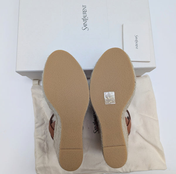 Saint Laurent Ambra Brown Leather Tribute Wedge Espadrille Sandals 135 New in Box Authentic