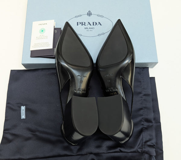 Prada Cutout Brushed Leather Pointy Toe Heels in Black New in Box