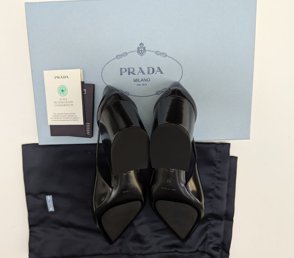 Prada Cutout Brushed Leather Pointy Toe Heels in Black New in Box