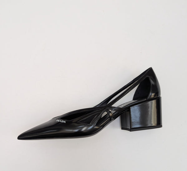 Prada Cutout Brushed Leather Pointy Toe Heels in Black New in Box