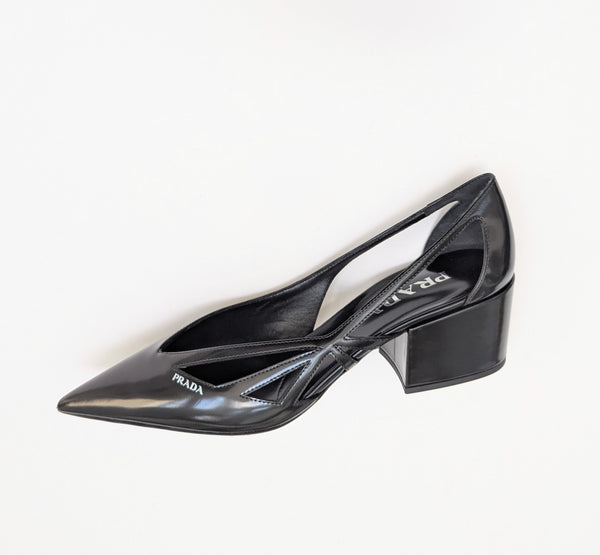 Prada Cutout Brushed Leather Pointy Toe Heels in Black New in Box