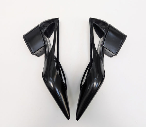 Prada Cutout Brushed Leather Pointy Toe Heels in Black New in Box
