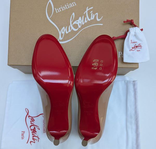 Christian Louboutin Pumppie 85 Nude Patent Round Toe Pumps New in Box Heels