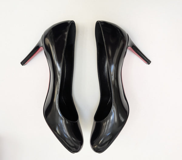 Christian Louboutin Pumppie 85 Glossed Black Leather Heels New in Box