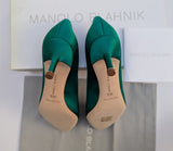 Manolo Blahnik Hangisi Heels 50 in Bright Green Satin New in Box Rhinestone Buckle Pumps