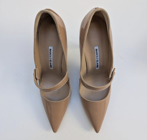Manolo Blahnik Campari 105 Beige Nude Patent Mary Jane Heels New in Box