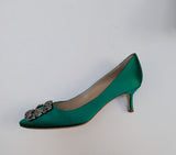 Manolo Blahnik Hangisi Heels 50 in Bright Green Satin New in Box Rhinestone Buckle Pumps