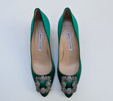 Manolo Blahnik Hangisi Heels 50 in Bright Green Satin New in Box Rhinestone Buckle Pumps