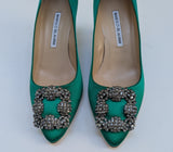 Manolo Blahnik Hangisi Heels 50 in Bright Green Satin New in Box Rhinestone Buckle Pumps