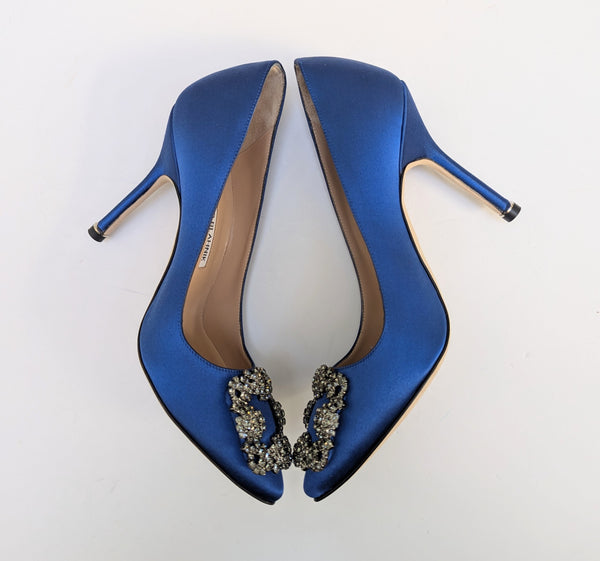 Manolo Blahnik Bright Blue Satin Hangisi 105 Rhinestone Buckle Heels