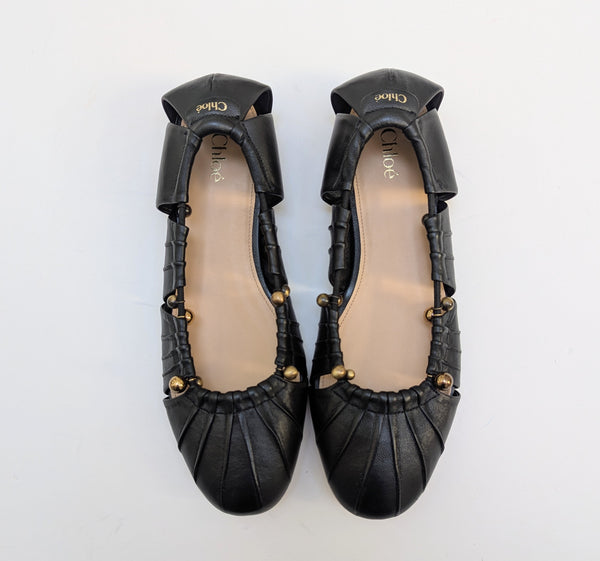 Chloé Luna Black Leather Flats with Gold Detail New in Box Shoes