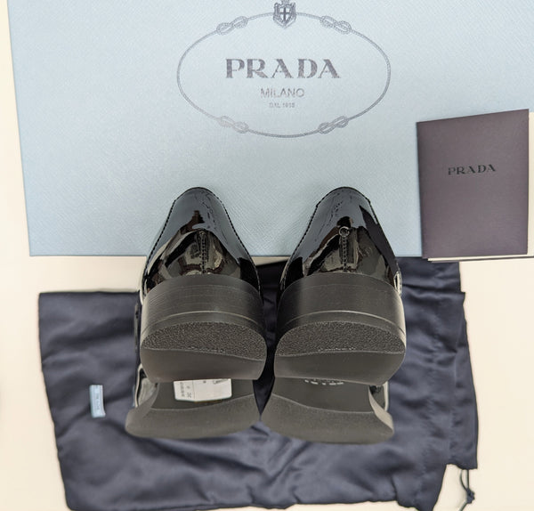 Prada New in Box Black Patent Leather Logo Loafers