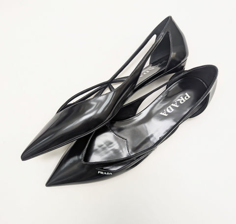 Prada Cutout Black Glazed Leather Pointy Flats New in Box Shoes