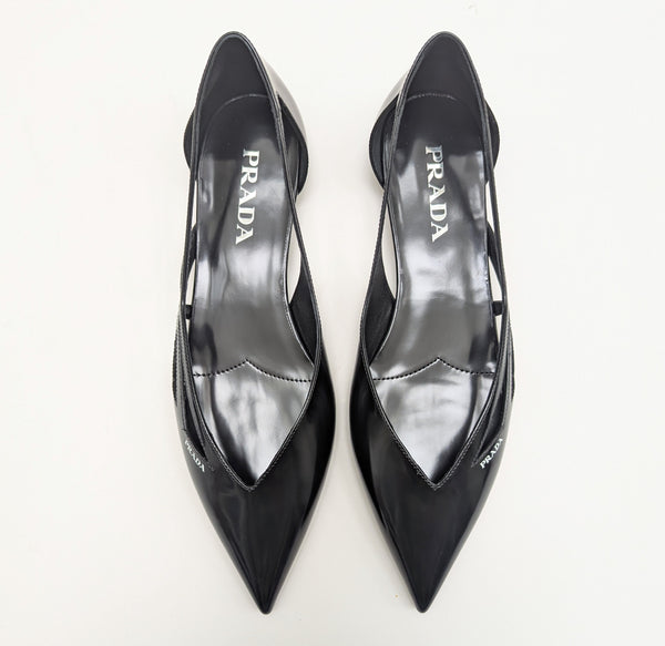 Prada Cutout Black Glazed Leather Pointy Flats New in Box Shoes